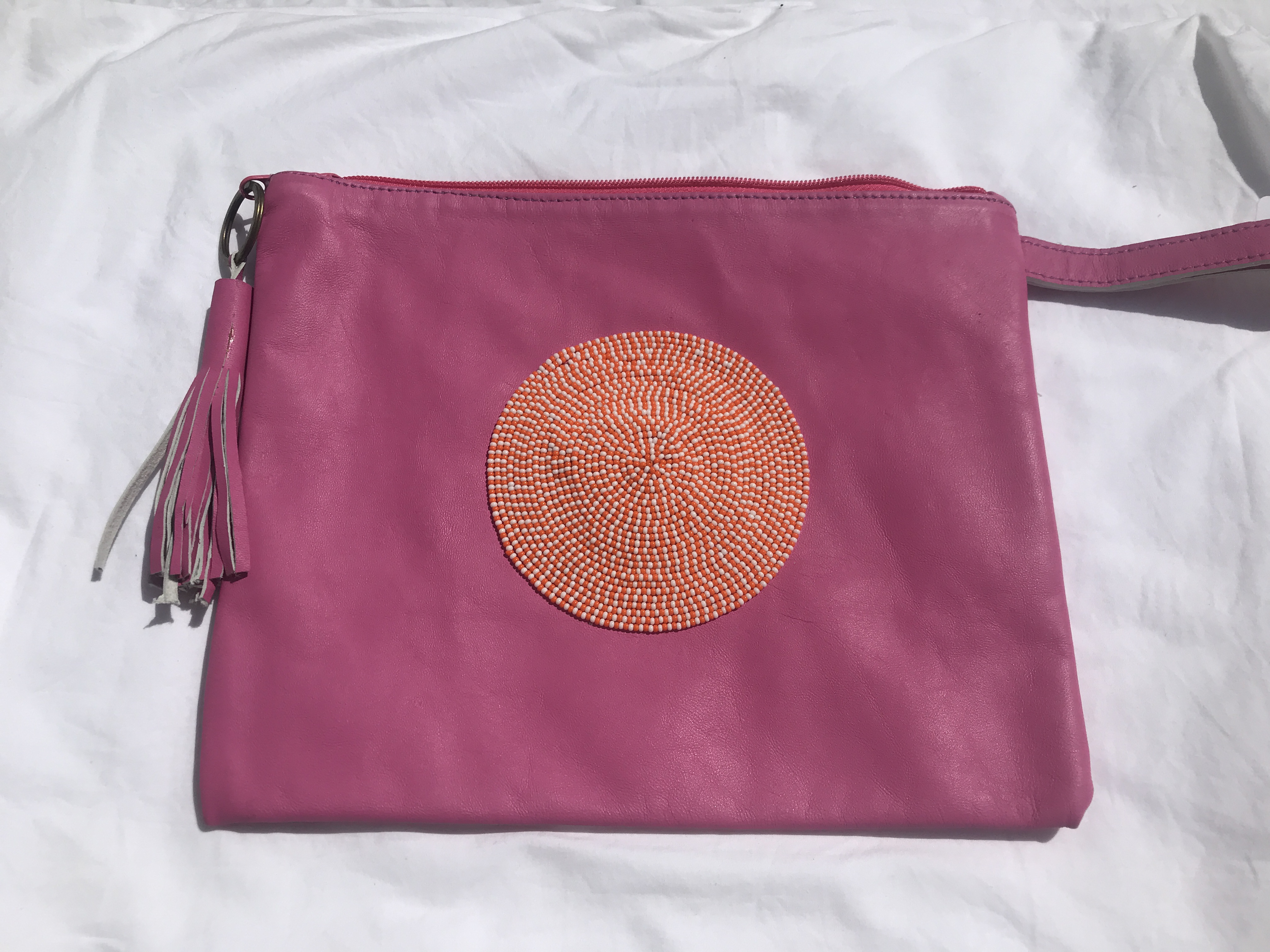 Ipad  Leather beaded clutch bag - pink