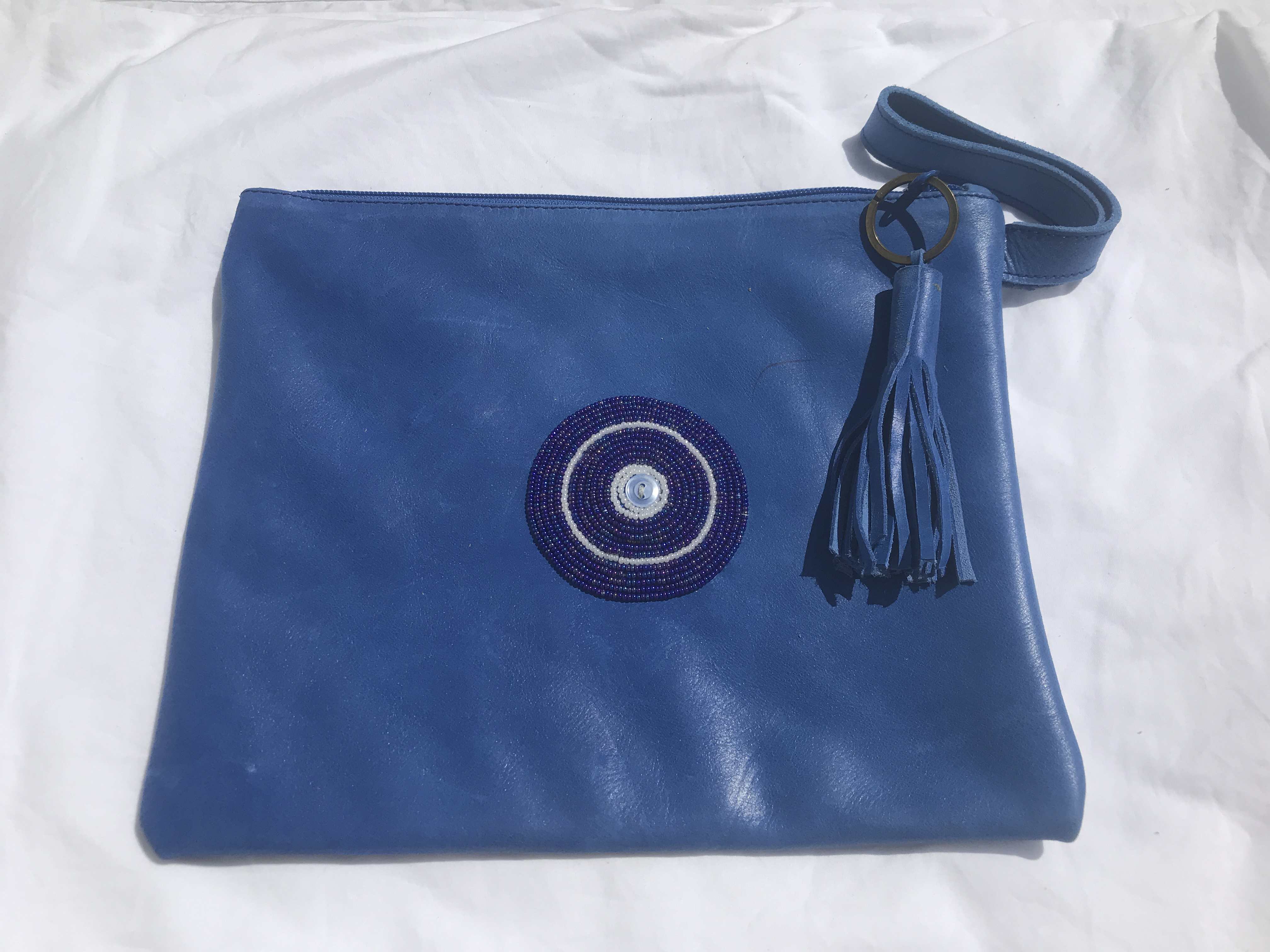 Ipad  Leather beaded clutch bag - royal blue